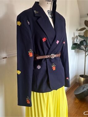 Embroidered Navy Floral Blazer - Tailored Women's Jacket